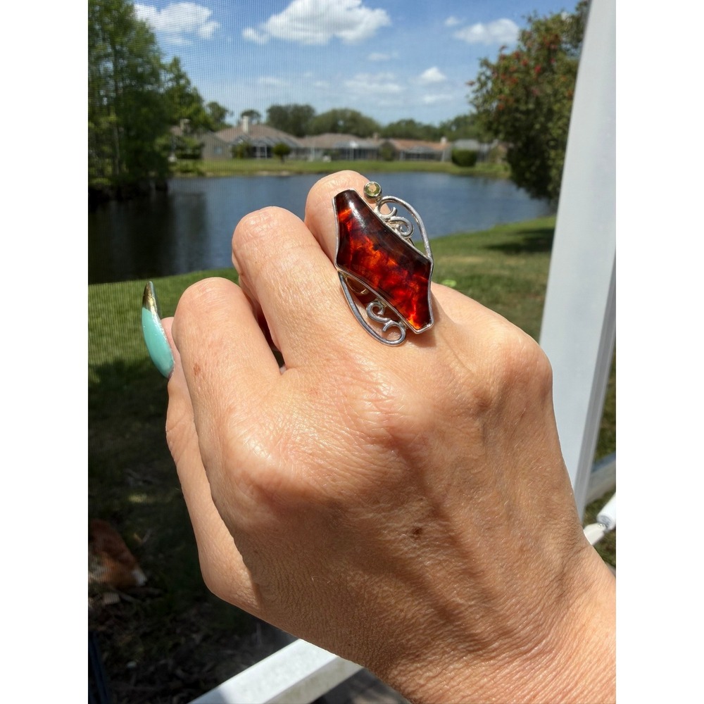 DRT‎ 925 Sterling Silver Amber and Peridot Shield Statement Ring Size 5.75 - Picture 3 of 14